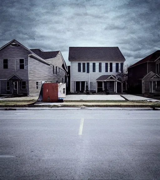 Prompt: “ desolate neighborhood, in the style of gregory crewdson, color photograph ”