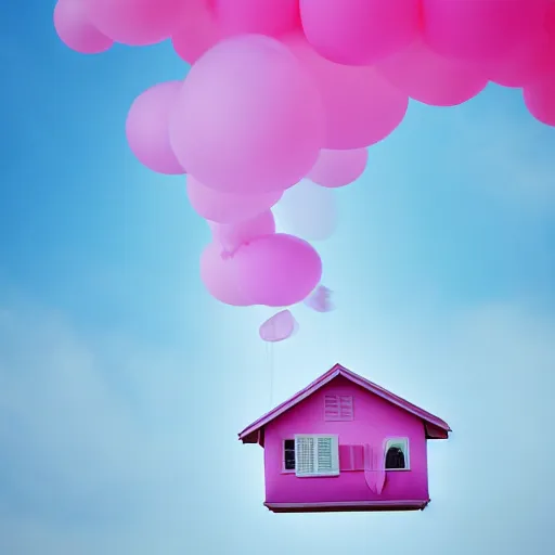 Image similar to a 5 0 mm lens photograph of a cute pink floating modern house, floating in the air between clouds, inspired by the movie up, held up from above by heart ballons. mist, playful composition canon, nikon, award winning, photo of the year