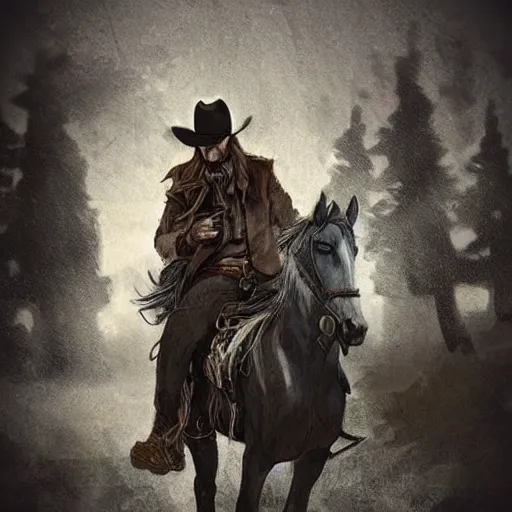 Image similar to Nicholas, the cowboy in the weird west, long dark hair, facial hair, long coat, grey horse, riding in the town of Doom, demons waiting in the background, dark fantasy, digital art, high detailed, pinterest
