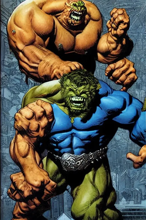 Prompt: full length portrait of massive hulking mogan aste as marvel comic's beast with blue skin by rick berry, norman rockwell, jason fabok. greg staples, alex ross, jack kirby, tom lovell, ryan pancoast,