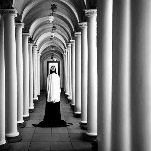 Image similar to nightmare vision, long depth of field. black and white, award winning photo of smiling levitating twin nuns, wearing translucent sheet, Mary in a sanctuary, mirror hallways, eerie, tall columns, frightening —width 1024 —height 1024