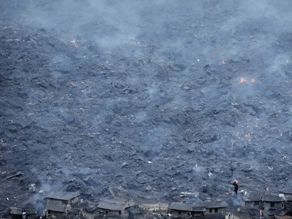 Prompt: china's rural civilian scattered coal burning emits blue light