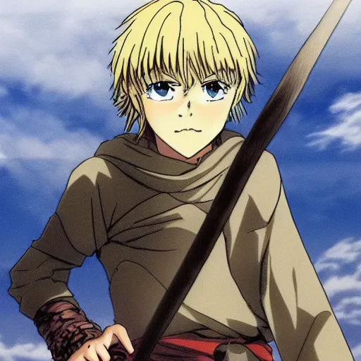 Prompt: fantasy blonde boy thief, vinland saga anime style