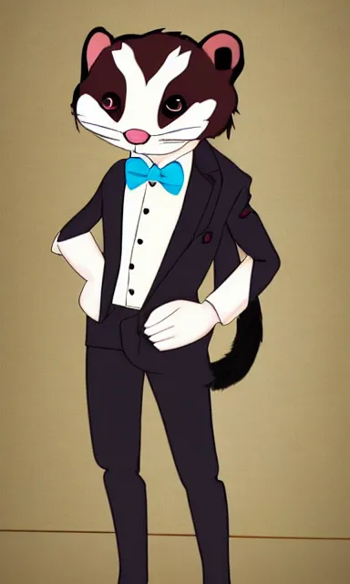 Image similar to furry ferret, anime style, formal suit, full body, disney style