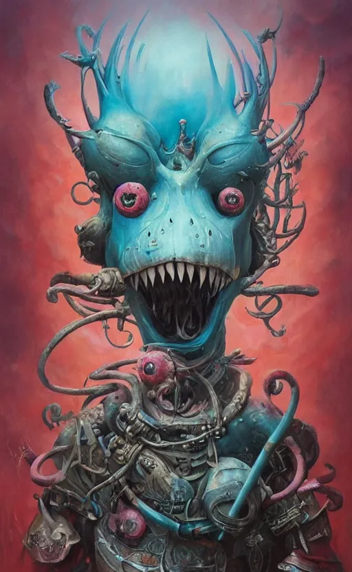 Image similar to a biomorphic painting of a warrior with edgy armor and eyeballs in it, a surrealist painting by Nychos, by Peter Mohrbacher, by Beksinski, pastel blues and pinks, featured on artstation, metaphysical painting, oil on canvas, fluid acrylic pour art, airbrush art,