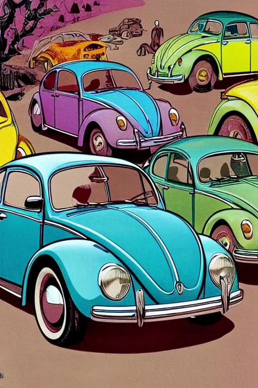 Image similar to Volkswagen Beetle car in the style of a 50s by Frank Hampson and mcbess, 1950s