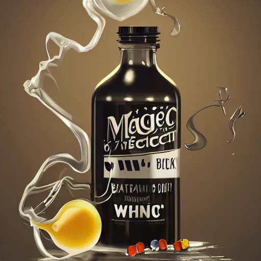 Image similar to concept art of magic dietary supplement in a transparent modern rounded bottle filled with white liquid, black top, by gil elvgren, white tones, white background, digital painting, artstation, concept art, smooth, sharp foccus ilustration hq