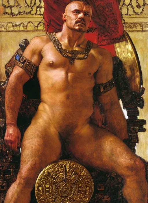 Prompt: head and torso portrait of mariusz pudzianowski as viking king sitting on throne, by lawrence alma tadema and rick berry and norman rockwell and greg staples