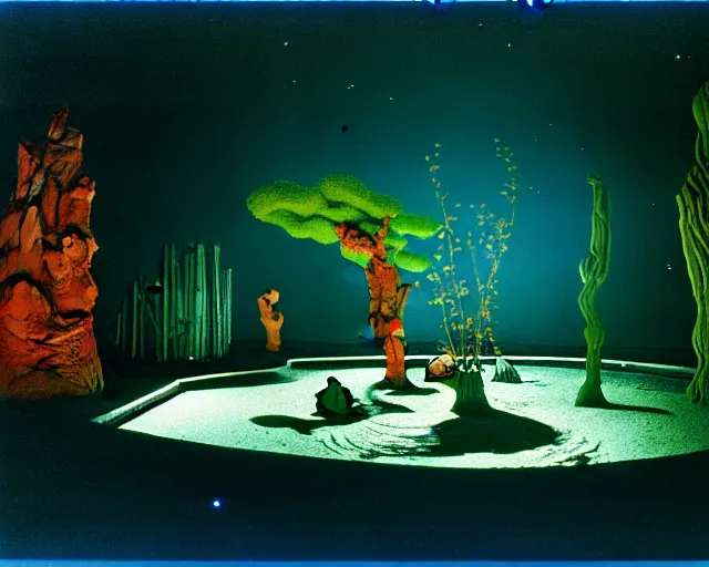 Prompt: low angle shot of a space port at night, aquatic plants, coral, shabby chic, cinematography by Jim Jarmusch, composition by Neo Rauch, in the style of Nan Goldin, set design by Antonin Gaudí, 35mm, graflex, color film photography