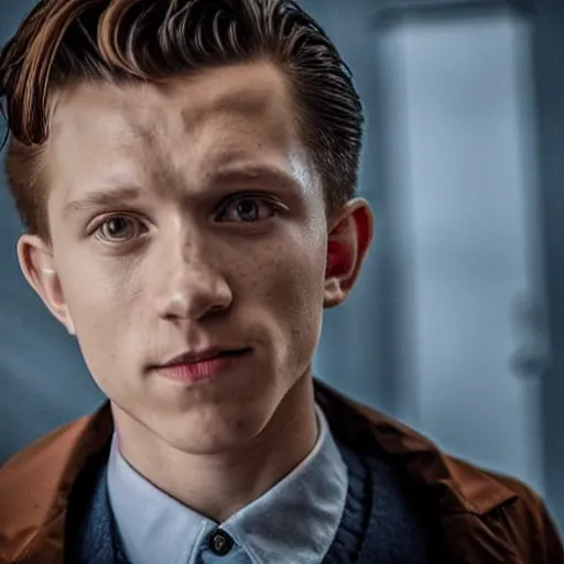 Image similar to tom holland as a rough dirty old man with a scruffy beard in a dark blue trenchcoat as the new doctor who, cinematic, volumetric lighting, f 8 aperture, cinematic eastman 5 3 8 4 film, photorealistic