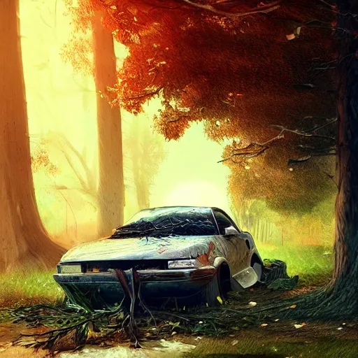 Prompt: a car destroyed by a tree, artstation, digital art, high quality, realistic