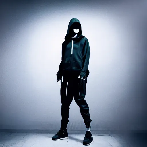 Image similar to a mannequin dressed in a futuristic cyberpunk outfit, hoodie, baggy pants, fashion photography, studio lighting, ash thorp