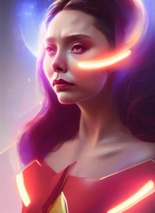 Image similar to portrait of modern darna, elizabeth olsen, intricate, elegant, glowing lights, highly detailed, digital painting, artstation, glamor pose, concept art, smooth, sharp focus, illustration, art by wlop, mars ravelo and greg rutkowski