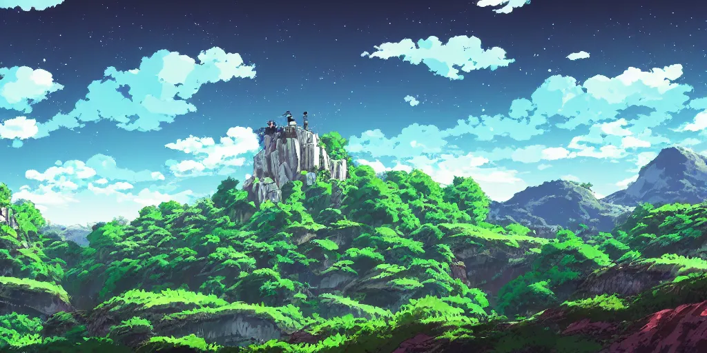 Image similar to beautiful landscape, grime!!!!! art style, anime art style, studio ghibli, 4 k, 8 k