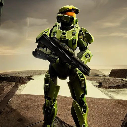 Prompt: Master Chief from Halo at a firing range with an AK-47, cinematic lighting, shot on iPhone, photorealism,