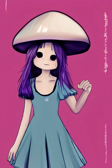 Image similar to a little girl wearing a mushroom hat in dress sitting | | purple curvy hair, pretty face, fine details, digial art by lois van baarle, anatomically correct, perfect composition, symmetrical, fantastic, clean details, anime character