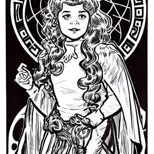 Image similar to a little girl with a mischievous face and short wavy curly brown hair. she is dressed as a knight. well composed, clean elegant painting, beautiful detailed face. comic book art by steve ditko and jack kirby and alphonse mucha