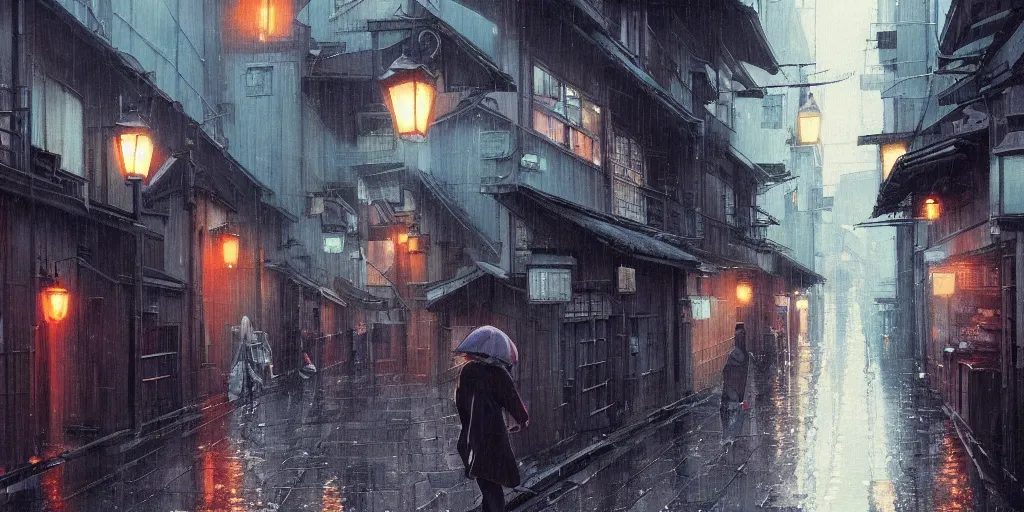 Image similar to a painting of a rain soaked back street in osaka, digital art, trending on artstation, by studio ghibli and greg rutkowski. spirited away. trending on artstation, hyperrealism, unreal engine