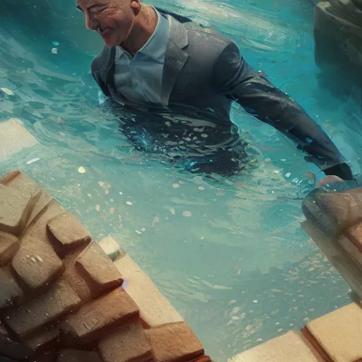 Image similar to jeff bezos swimming in a pool filled with cash, 4 k, photography, extremely detailed, digital art, trending on artstation, greg rutkowski, cinematic lighting, hyperrealistic