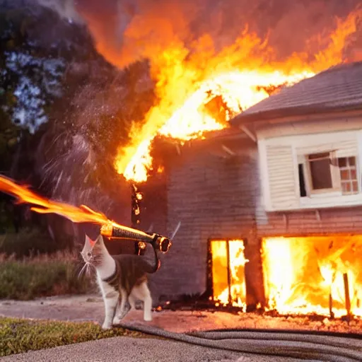 Prompt: a cat holding a flamethrower next to a burning house