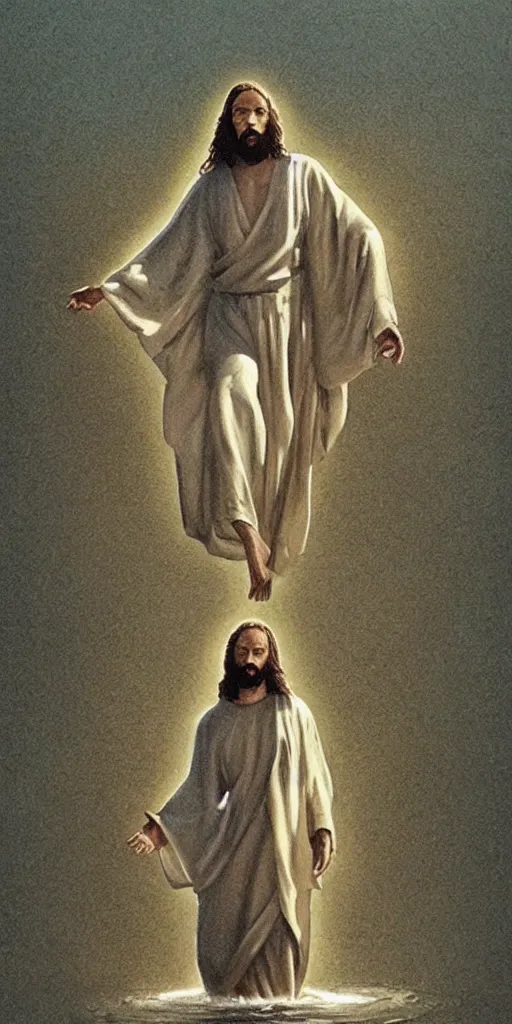 Image similar to jesus walking on water, drawing by alan moore,