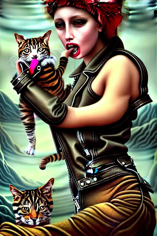 Image similar to punk rock girls making selfie mouth open with kind cats in jungle , mad max jacket, post apocalyptic, renaissance, highly detailed, digital painting, oil painting by Leonardo Da Vinci, hyper realistic style, fantasy by Olga Fedorova