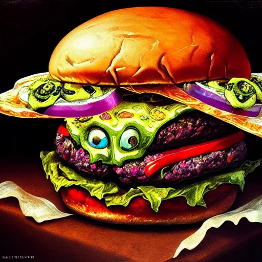 Prompt: zombie burger, by allori alessandro, oil paint, colorful, soft lighting, insanely detailed and intricate, hypermaximalist, elegant, ornate, hyper realistic, super detailed