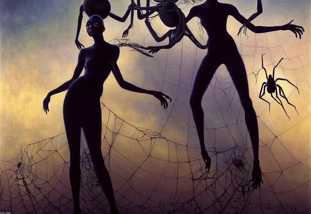 Prompt: realistic detailed portrait movie shot of a single beautiful black woman in a transparent sheer fabric dress dancing with a giant spider, futuristic sci fi landscape background by denis villeneuve, jean delville, yves tanguy, ernst haeckel, alphonse mucha, max ernst, monia merlo, roger dean, sci fi necklace, masterpiece, dreamy, rich moody colours