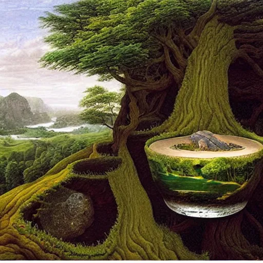 Image similar to a deep stone bowl containing a miniature landscape, surrealism, photorealistic, river and trees and hills, extremely detailed, by rob gonsalves and caspar david friedrich and clara peeters