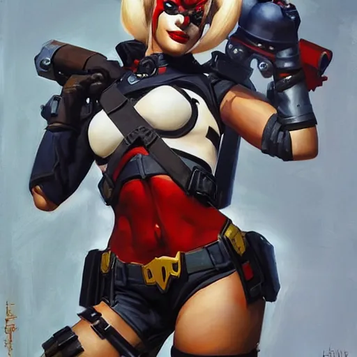 Image similar to greg manchess portrait painting of armored harley quinn as overwatch character, medium shot, asymmetrical, profile picture, organic painting, sunny day, matte painting, bold shapes, hard edges, street art, trending on artstation, by huang guangjian and gil elvgren and sachin teng