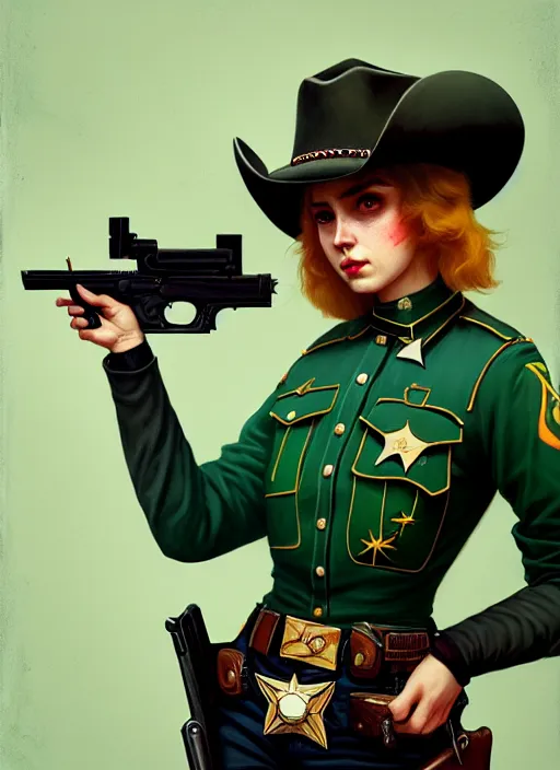 Image similar to female sheriff with a gun, beautiful girl, full body, green hair, cowboy hat, realistic, serov, surikov, vasnetsov, repin, kramskoi, insanely detailed, charlie bowater, tom bagshaw, high resolution, octane rendered, unreal engine, illustration, trending on artstation, masterpiece, 8 k