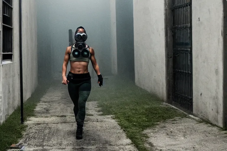 Prompt: fit badass woman in a gas mask walking oh out of a green fog In an alley by Emmanuel Lubezki