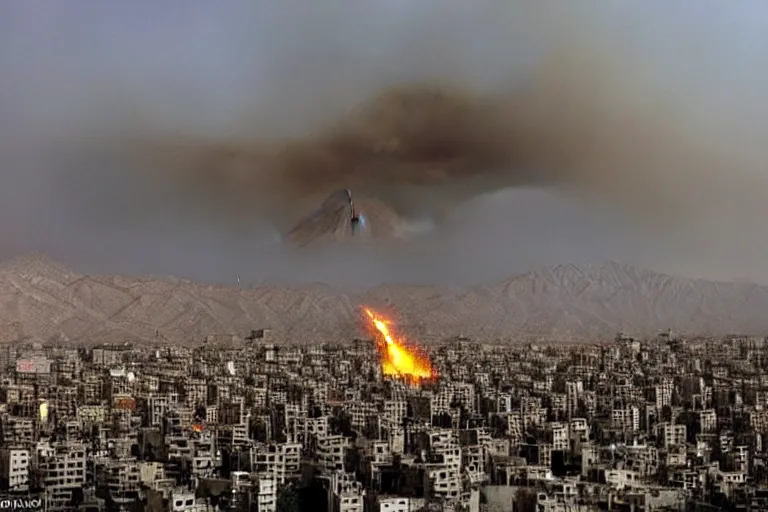 Prompt: Tehran is ruined. Aliens attacked Tehran. ruined buildings, apocalypse, Milad tower, fire, detailed, dramatic lighting, tragic