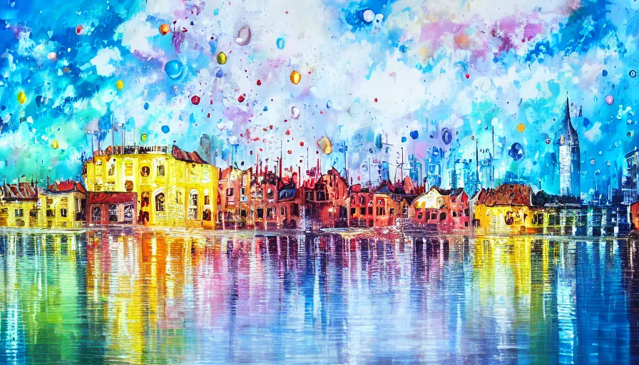 Image similar to town, painting on canvas, watedrops, water droplets, acrylic painting, acrylic pouring, painting, influencer, artstation - h 8 0 0