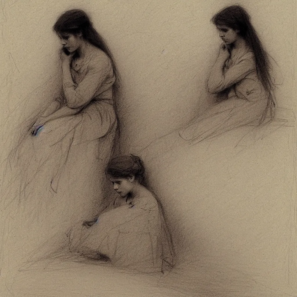 Image similar to a lonely girl by ilya repin. pencil sketch.