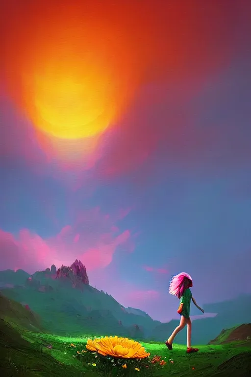 Image similar to giant daisy flower head, girl walking in the mountains, surreal photography, sunrise, dramatic light, impressionist painting, colorful clouds, digital painting, artstation, simon stalenhag