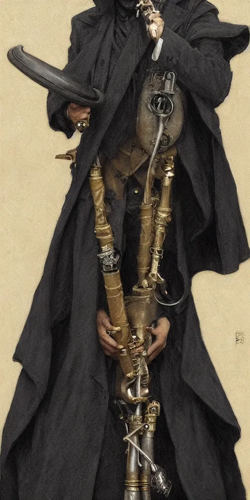 Prompt: portrait of man in black trench coat, wearing a steam punk plague doctor mask and a black top hat, a small wooden flute is held in his right hand. highly detailed, artstation, concept art, by krenz cushart and donato giancola and william adolph bouguereau and alphonse mucha,
