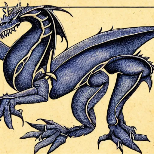 Image similar to blueprint of a fantasy dragon on papyrus