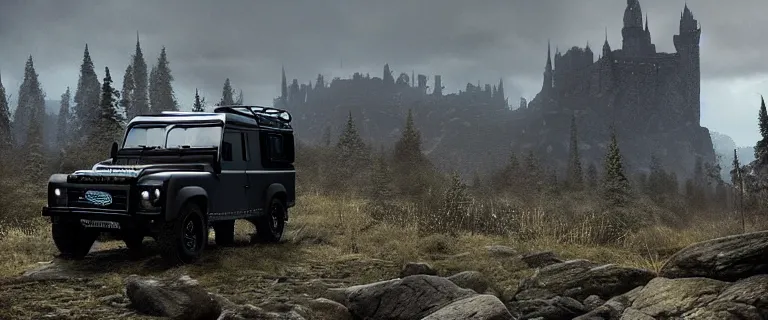 Image similar to Land Rover Defender 110 (1985), an epic fantasy, dramatic lighting, cinematic, establishing shot, extremely high detail, photorealistic, cinematic lighting, artstation, by simon stalenhag, The Elder Scrolls V: Skyrim, Whiterun Hold, Burning wooden nordic Dragonsreach castle in the distance, Battle for Whiterun city, Stormcloaks vs Imperials, Swarms of Stormcloaks and Imperials fighting eachother, Intense fighting, Whiterun city burning, Skyrim Civil War, High casualties, blood and dead soldiers, aftermath of a huge battle, corpses and bodies all over the place