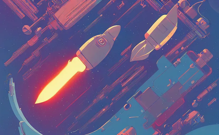 Prompt: rocket engine floating in space, moebius, stylized, james gilleard, print, game art