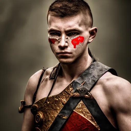 Image similar to portrait of a male warrior with split face ,fantasy, D&D, HDR, natural light, dynamic pose, award winning photograph, 8k, Mucha style,