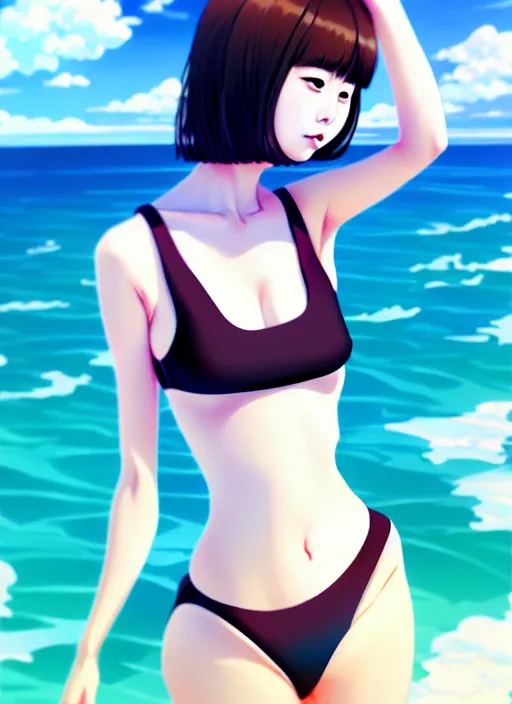 Image similar to ulzzang korean girl wearing two - piece swimsuit portrait, ilya kuvshinov, anime, pixiv top monthly, trending on artstation, cinematic, danbooru, zerochan art, kyoto animation