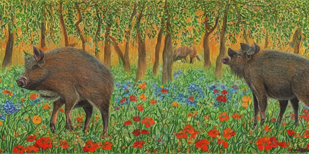 Image similar to Painting of a wild boar in the forest in style of Louis Wain