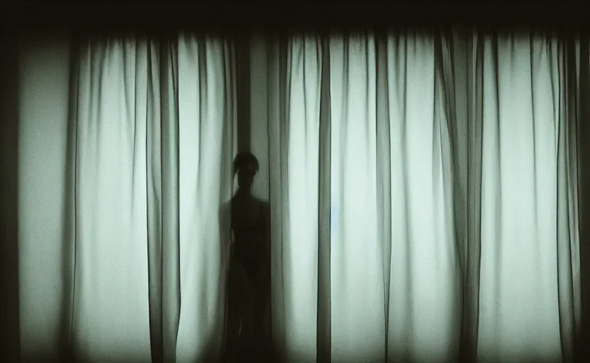 Image similar to A surveillance camera behind a pair of translucent curtains, with a two-headed female silhouette in the foreground, cinematic lighting, detailed, Fujifilm, dramatic