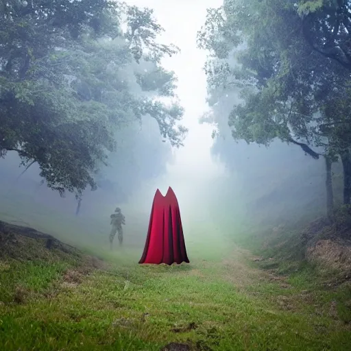 Image similar to soldiers with shields and swords and bows! hiding behind trees! on an elevated hill in a! misty, foggy! forest looking down on a army of gladiators with red capes, walking on a path through the forest below them.! shiny swords, well equiped, 4 k, realistic, anatomically correct, beautiful