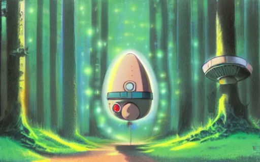 Image similar to a spaceship landing in the middle of a forest, art by hayao miyazaki, studio ghibli film, hi res, 4k, high detail