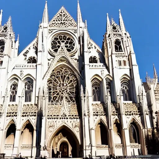 Image similar to a white marble gothic cathedral with mandala windows with sun reflection, golden hour, a gothic girl dressed in black with perfect face