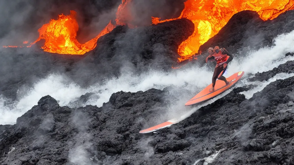 Image similar to person wearing a sponsored team jersey with logos surfing down a river of lava on the side of a volcano on surfboard, action shot, dystopian, thick black smoke and fire, sharp focus