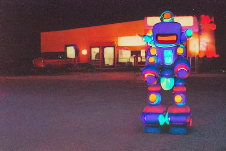Prompt: robot clown relaxing at a california drive in, in 1 9 9 2, cutecore clowncore, bathed in the the glow of the sunset, low - light photograph, in style of tyler mitchell