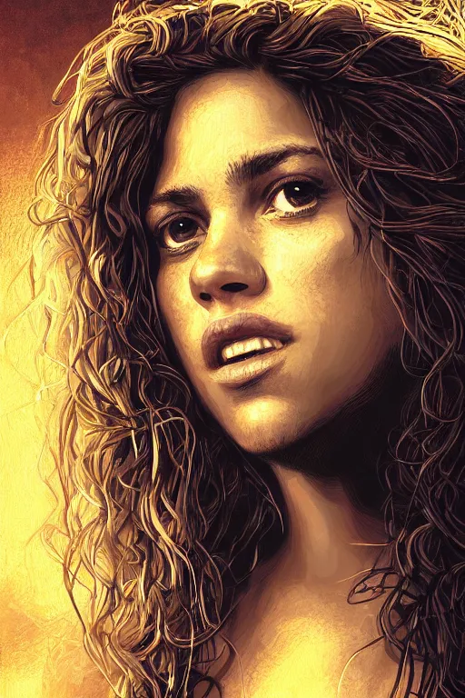 Prompt: closeup portrait of sexy shakira with long hair, in style rembrandt and dan mumford, poster, digital art, comic art, concept art,, single head, no double head,